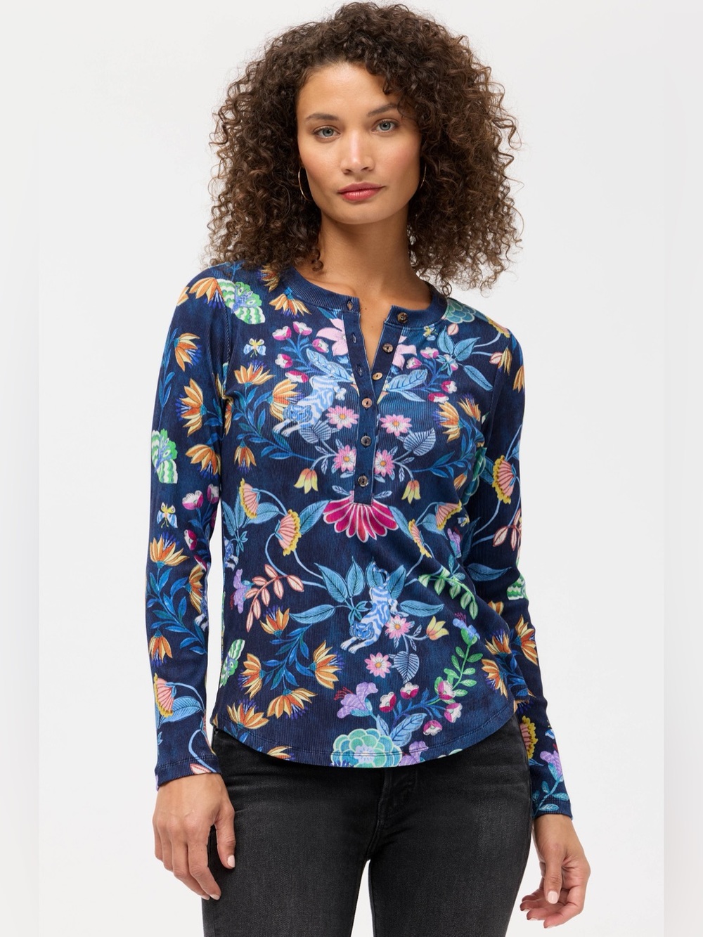 THE JANIE FAVORITE LONG SLEEVE FITTED HENLEY TEE Johnny Was XS NWT